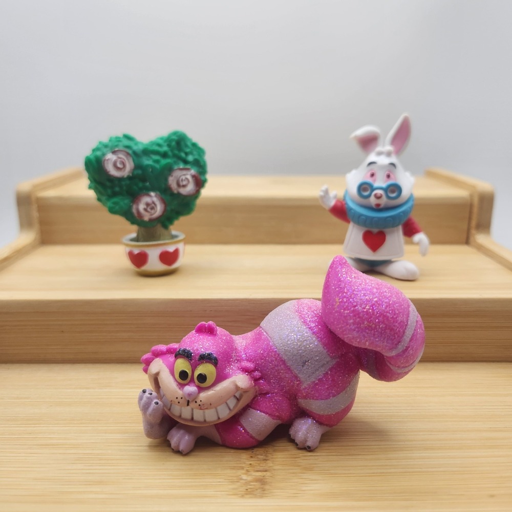 Lot Disney Cheshire Cat Glitter Figure Toy Topper 3" Queen Heart Rosebush Rabbit